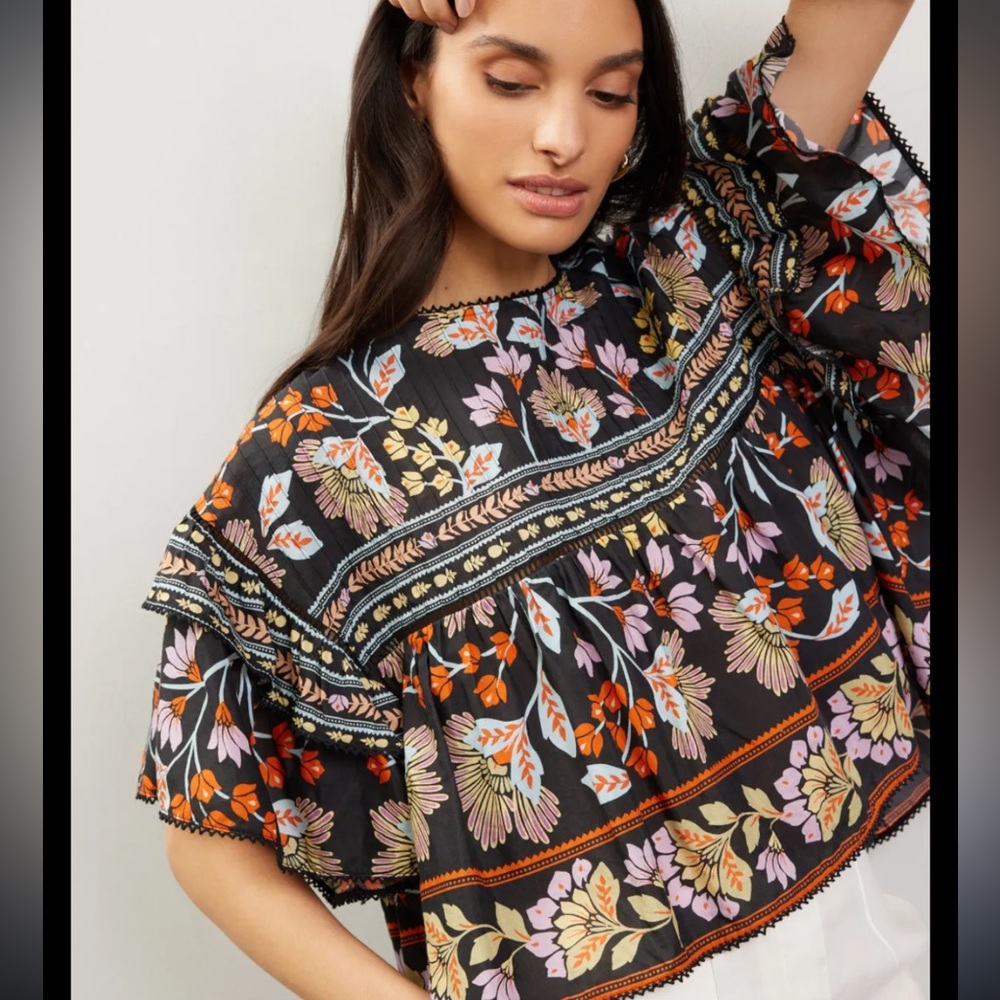 FARM Rio Orange Blue Ruffled Bib Collar Blouse